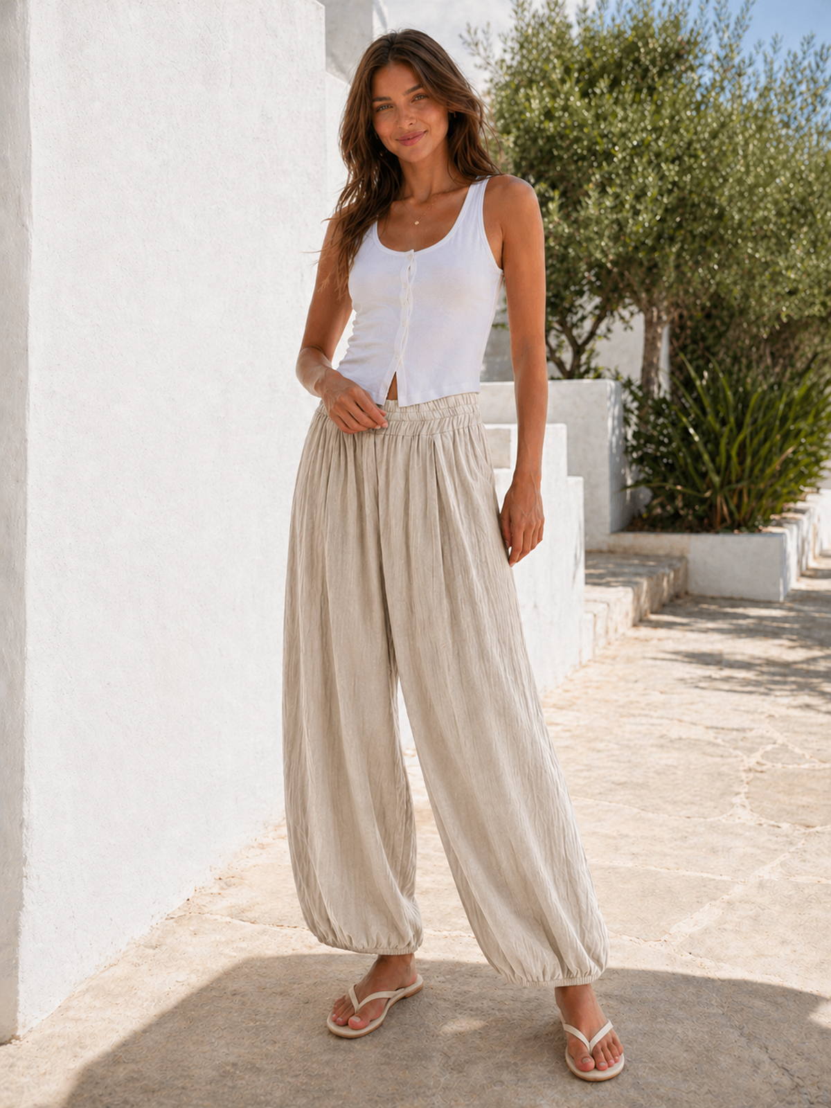 Italian Crinkle Fabric Elasticated Waist Harem Trousers - Beige