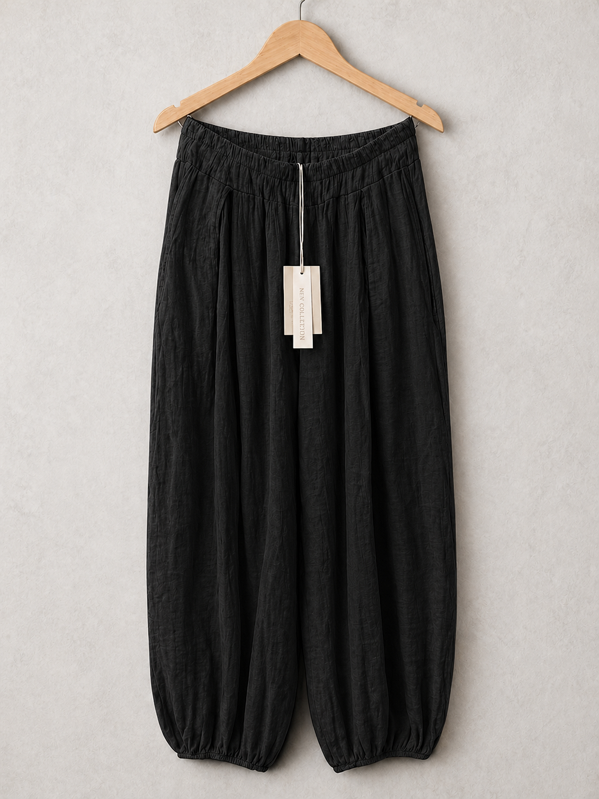 Italian Crinkle Fabric Elasticated Waist Harem Trousers - Black