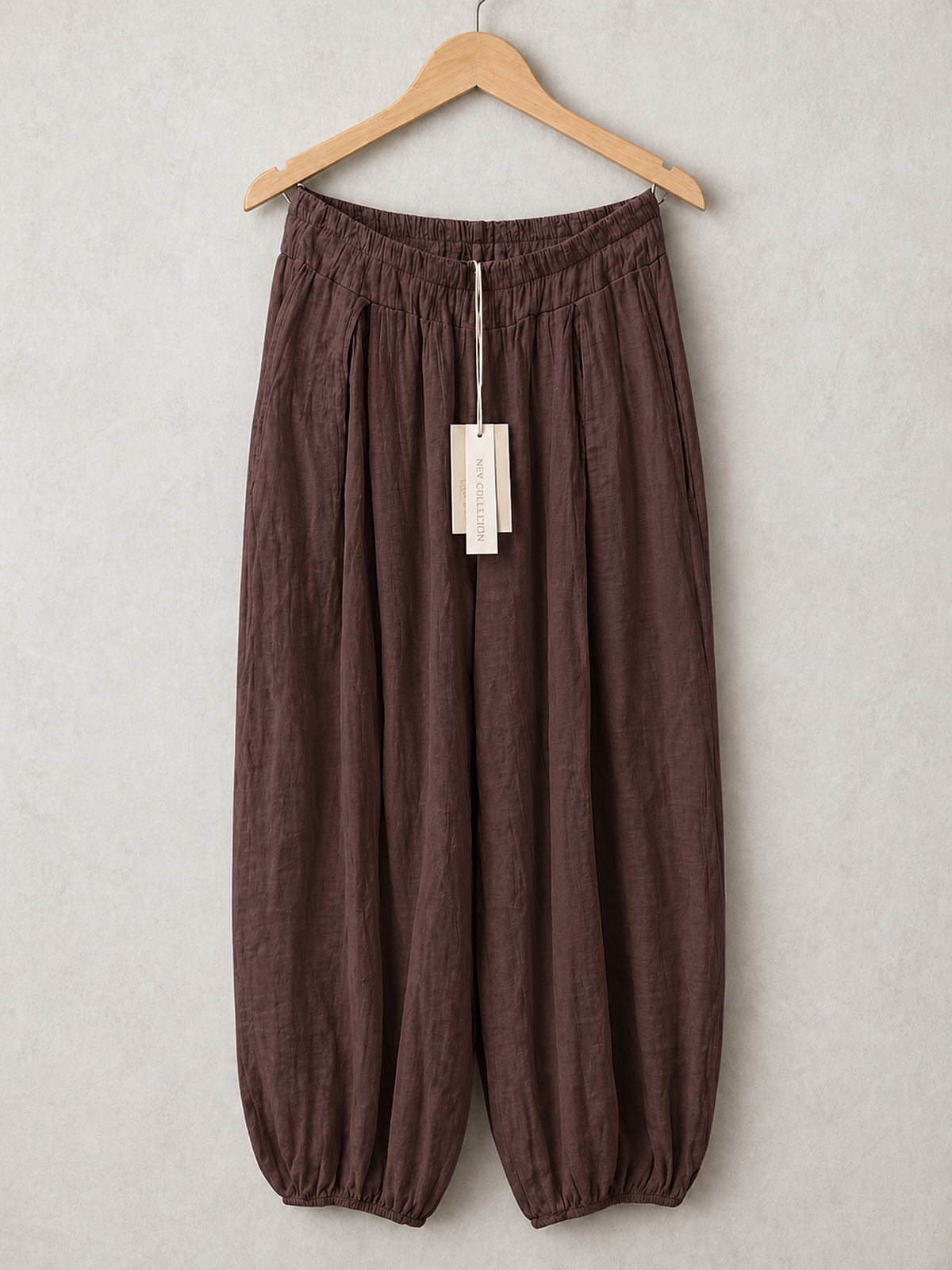 Italian Crinkle Fabric Elasticated Waist Harem Trousers - Chocolate
