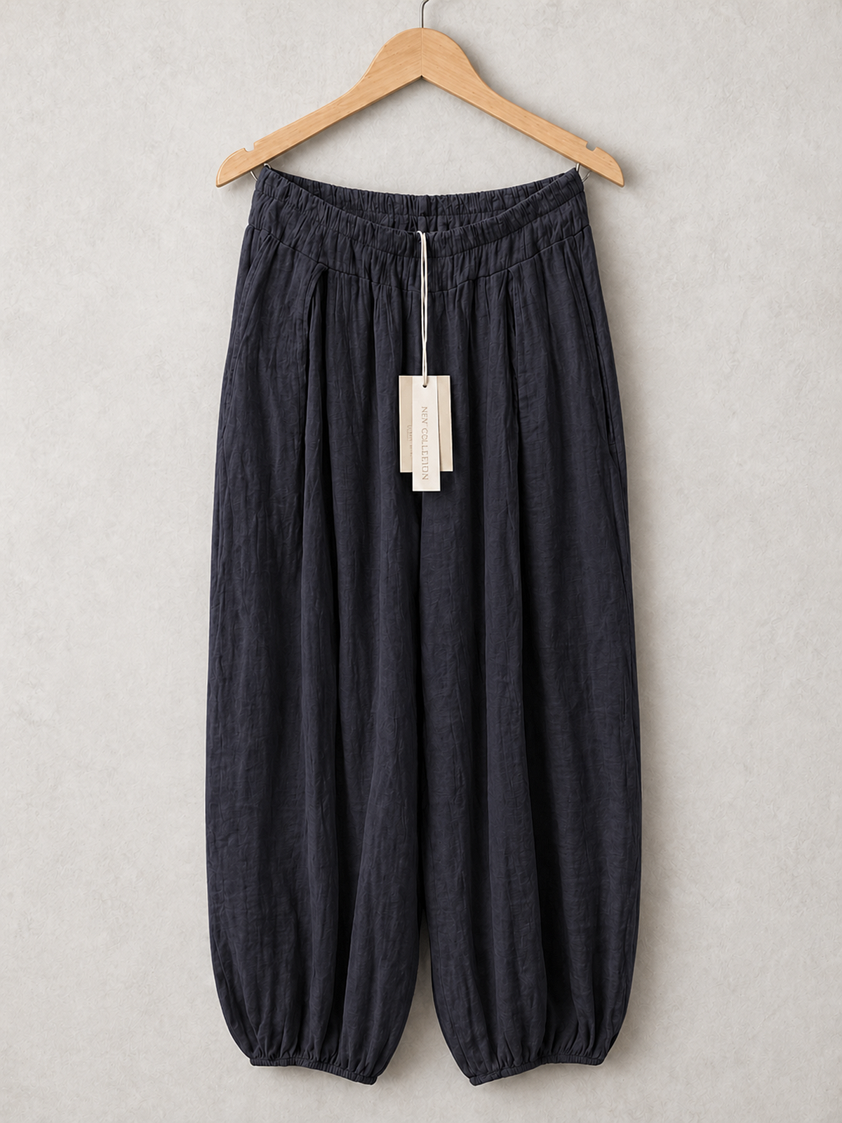Italian Crinkle Fabric Elasticated Waist Harem Trousers - Navy