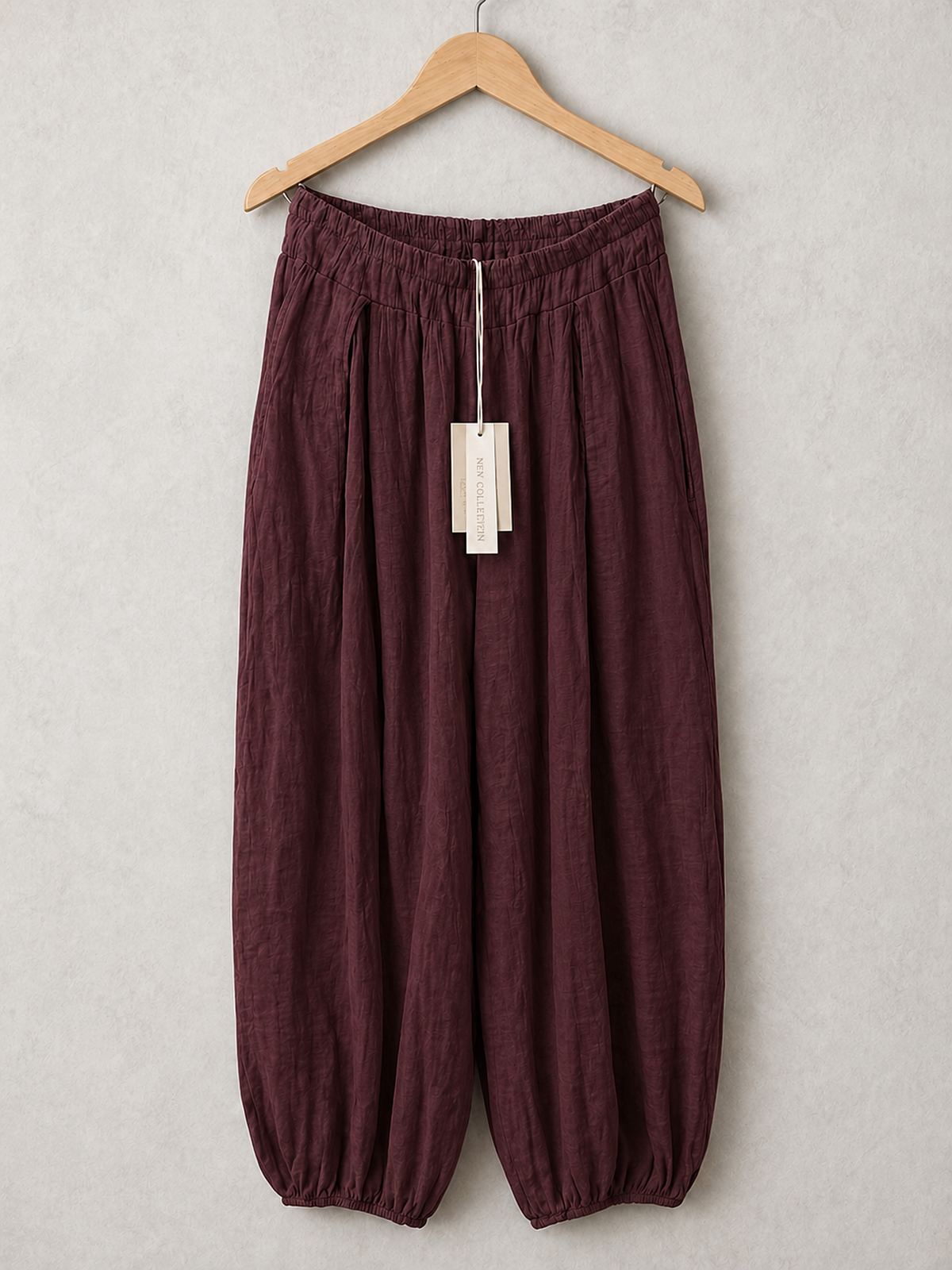 Italian Crinkle Fabric Elasticated Waist Harem Trousers - Plum