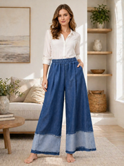 Italian Denim Fabric Wide Leg Elasticated Waist Palazzo Trousers - Denim