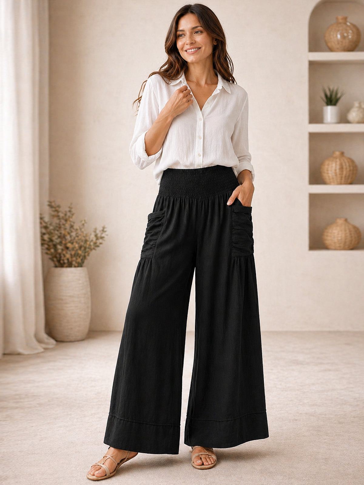 Italian Elasticated Smocked Waist Palazzo with side pockets - Black