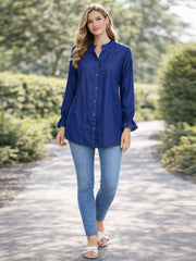 Italian Mandarin Collar Chambray Blouse - Denim