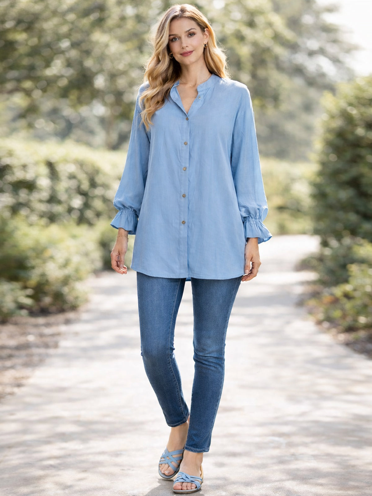 Italian Mandarin Collar Chambray Blouse - Light Denim