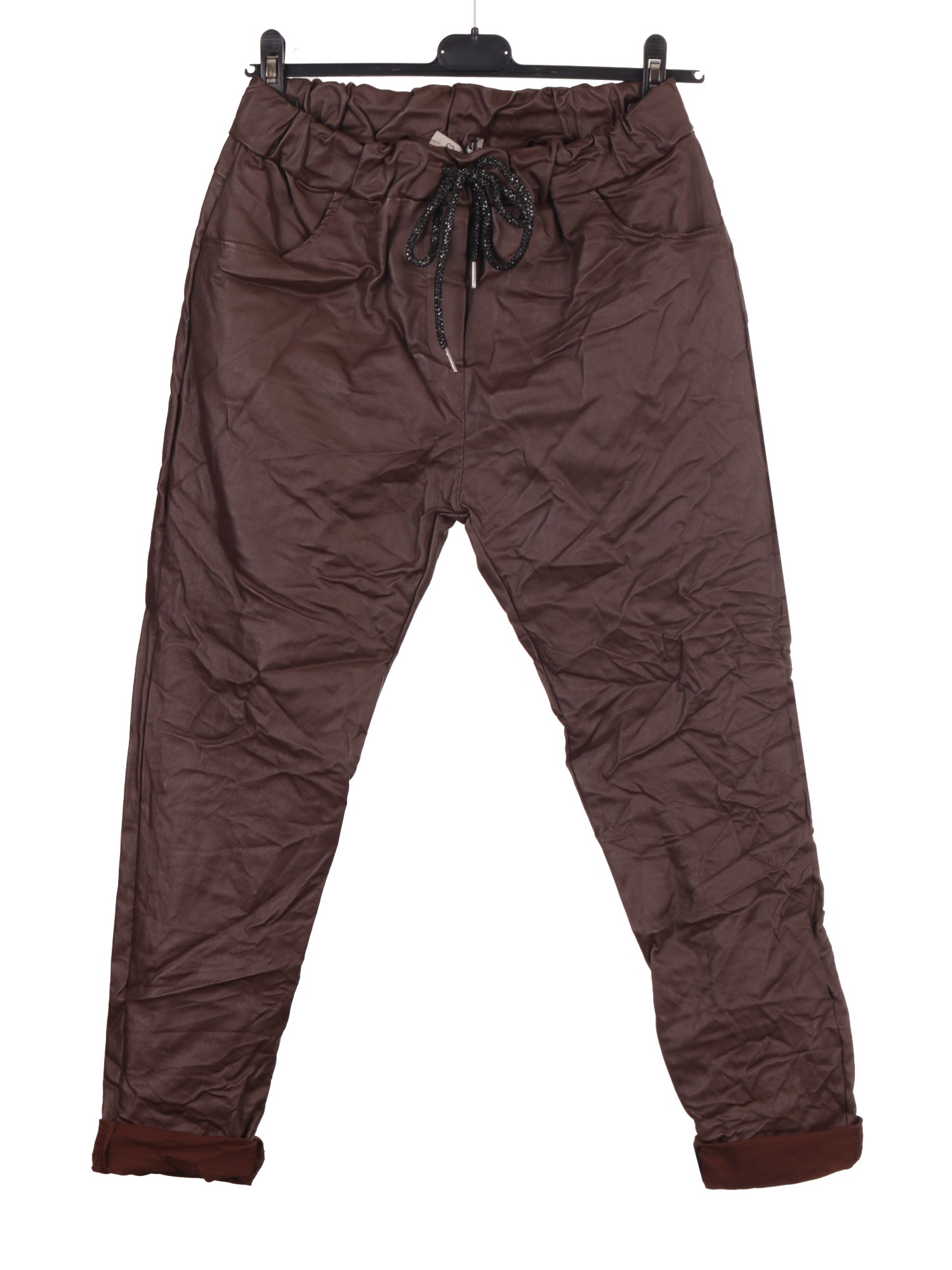 Italian Wet Look Stretch Magic Trousers - Chocolate