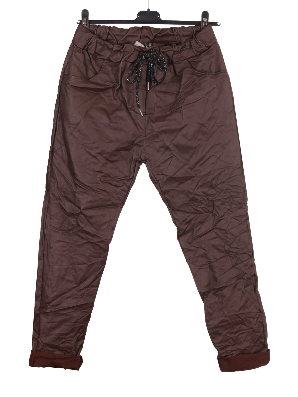 Italian Wet Look Stretch Magic Trousers - Chocolate