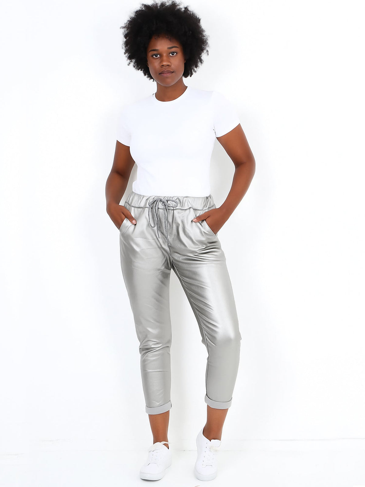Italian Wet Look Stretch Magic Trousers - Silver