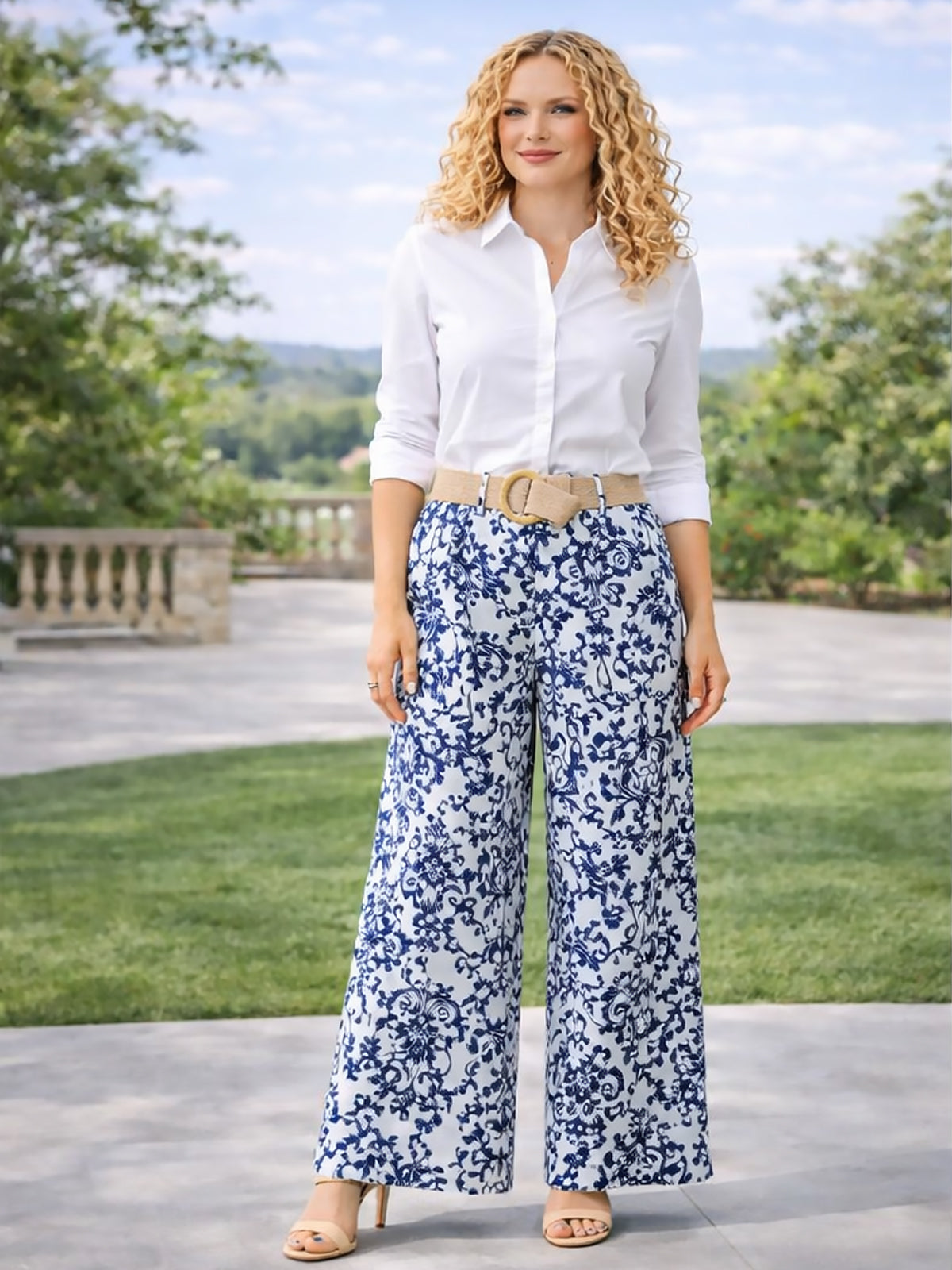 Italian Paisley Print Palazzo Trousers With Belt - Navy