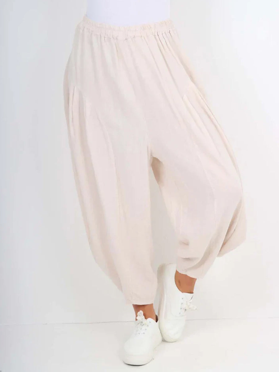 Italian Relaxed Fit Harem Linen Pants - Beige