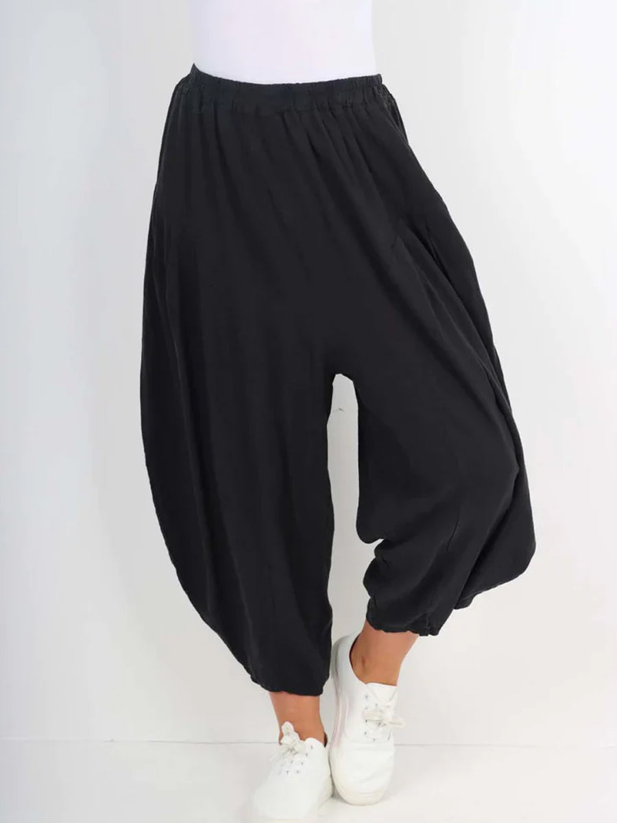 Italian Relaxed Fit Harem Linen Pants - Black