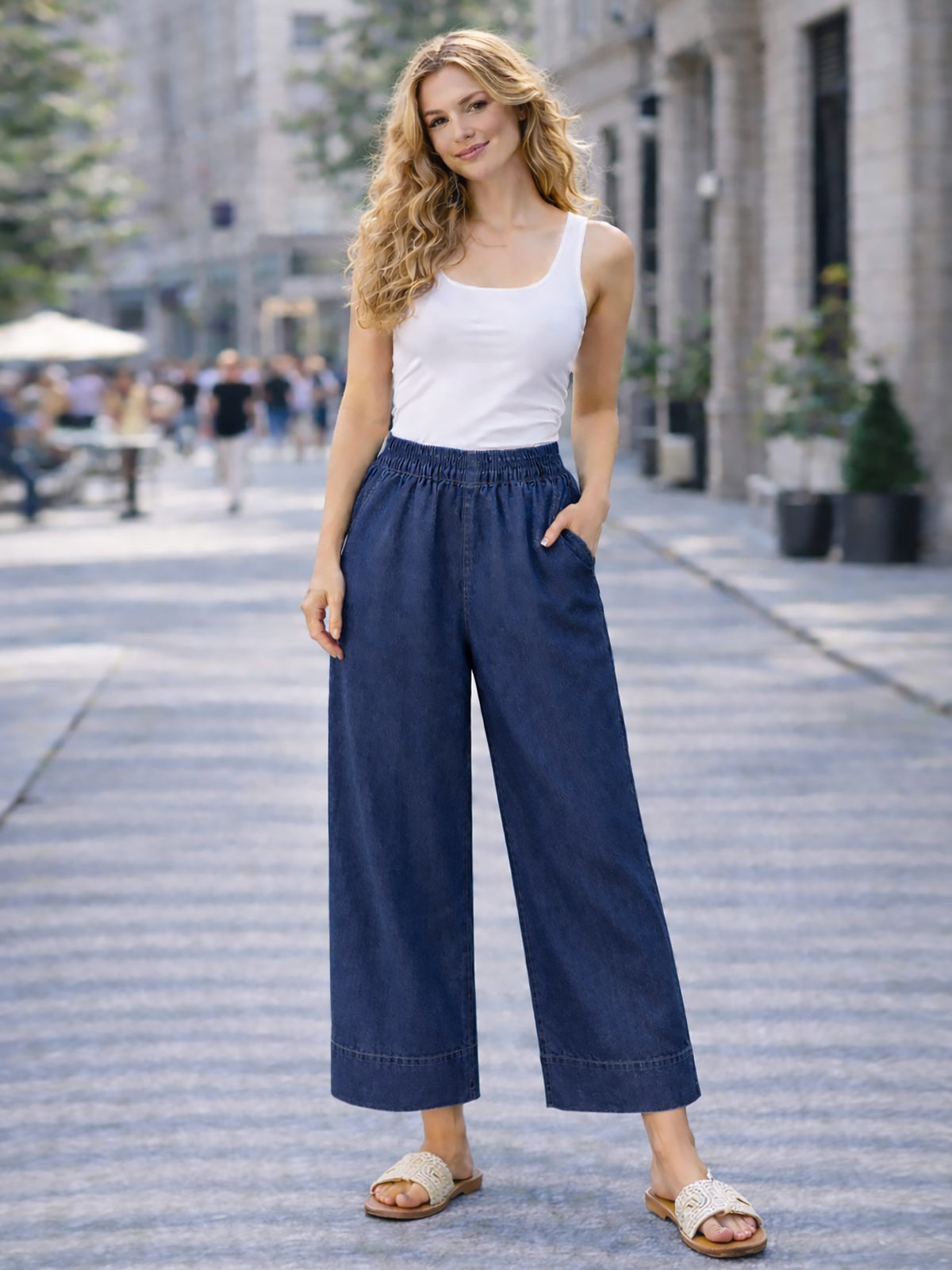 Italian Side Pocket Detail Wide Leg Trousers - Dark Denim