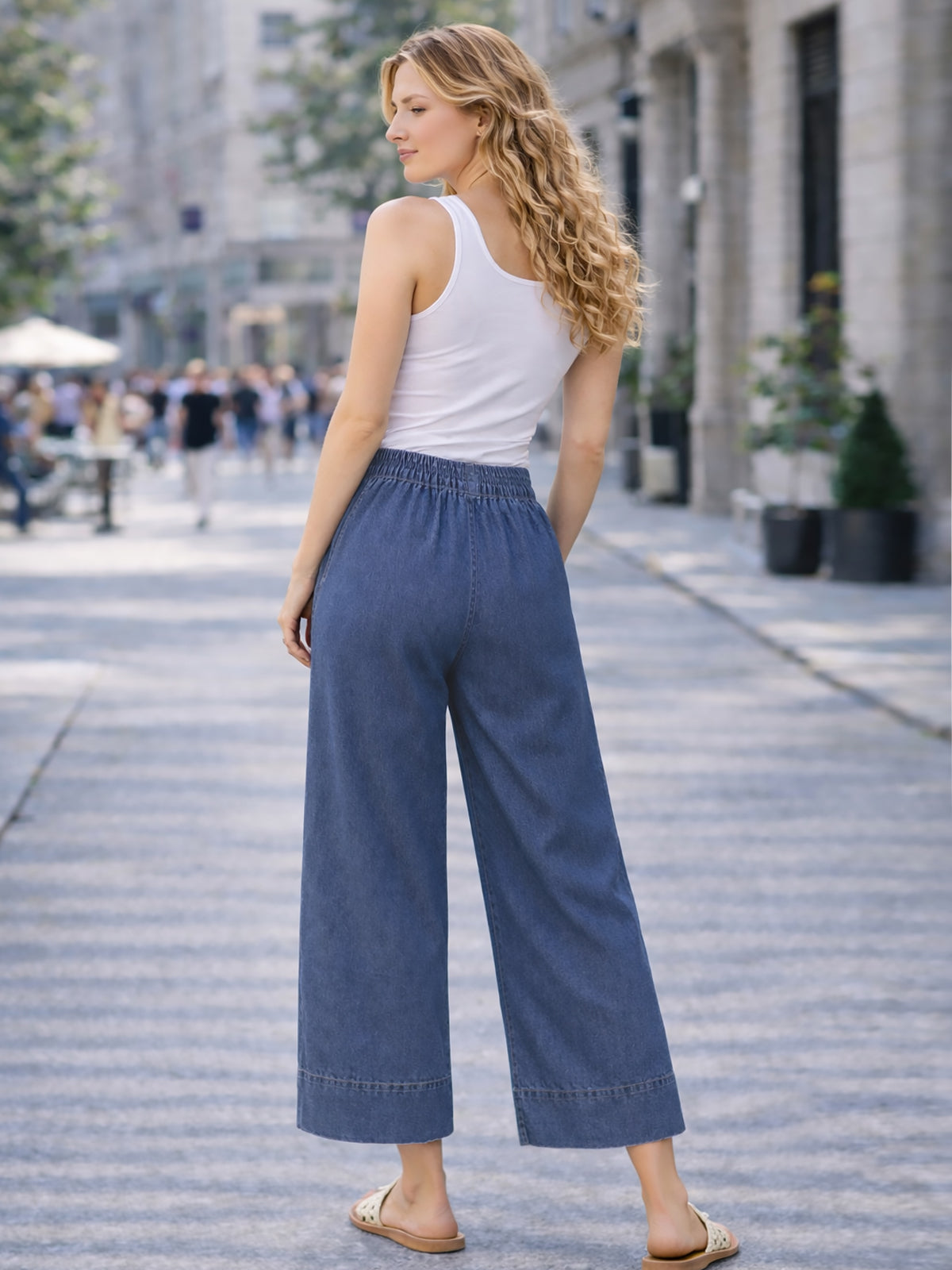 Italian Side Pocket Detail Wide Leg Trousers - Denim