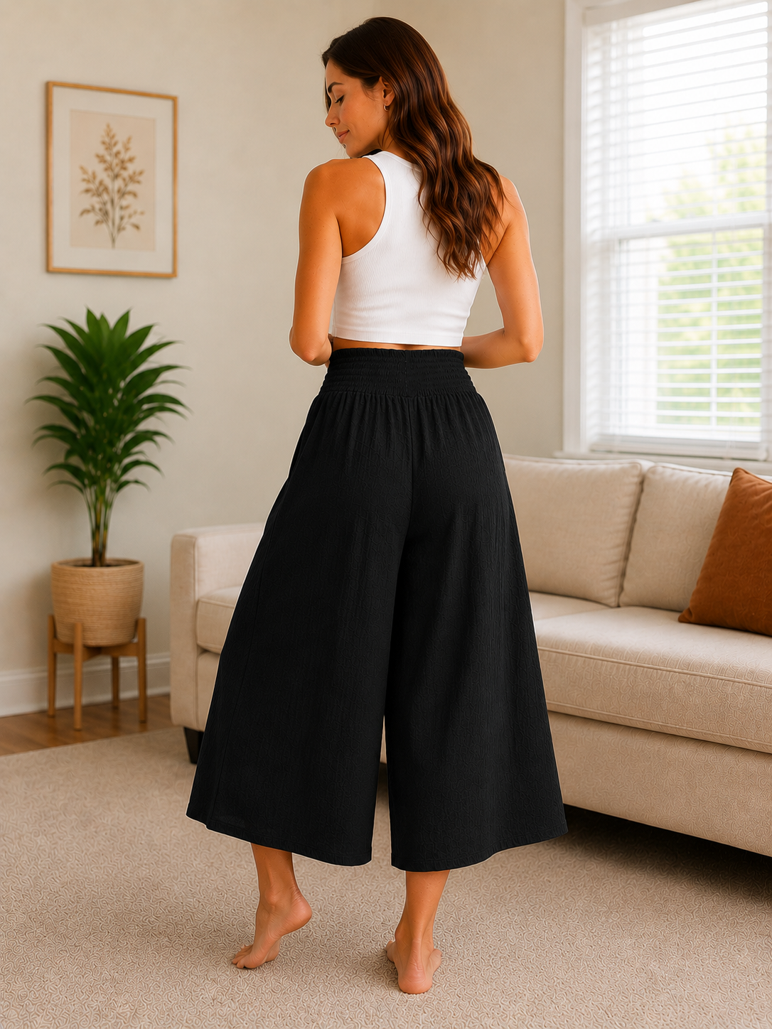Italian Smocked Waist Culottes Trousers - Black