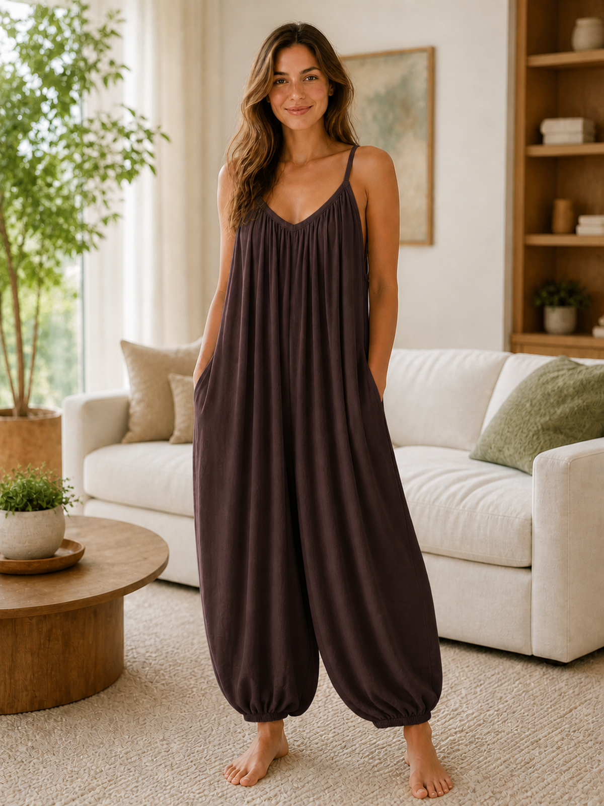 Italian Strappy Harem Style Jumpsuit With Side Pockets - Chocolate