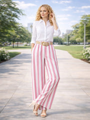 Italian Striped Print Palazzo Trousers With Belt - Pink