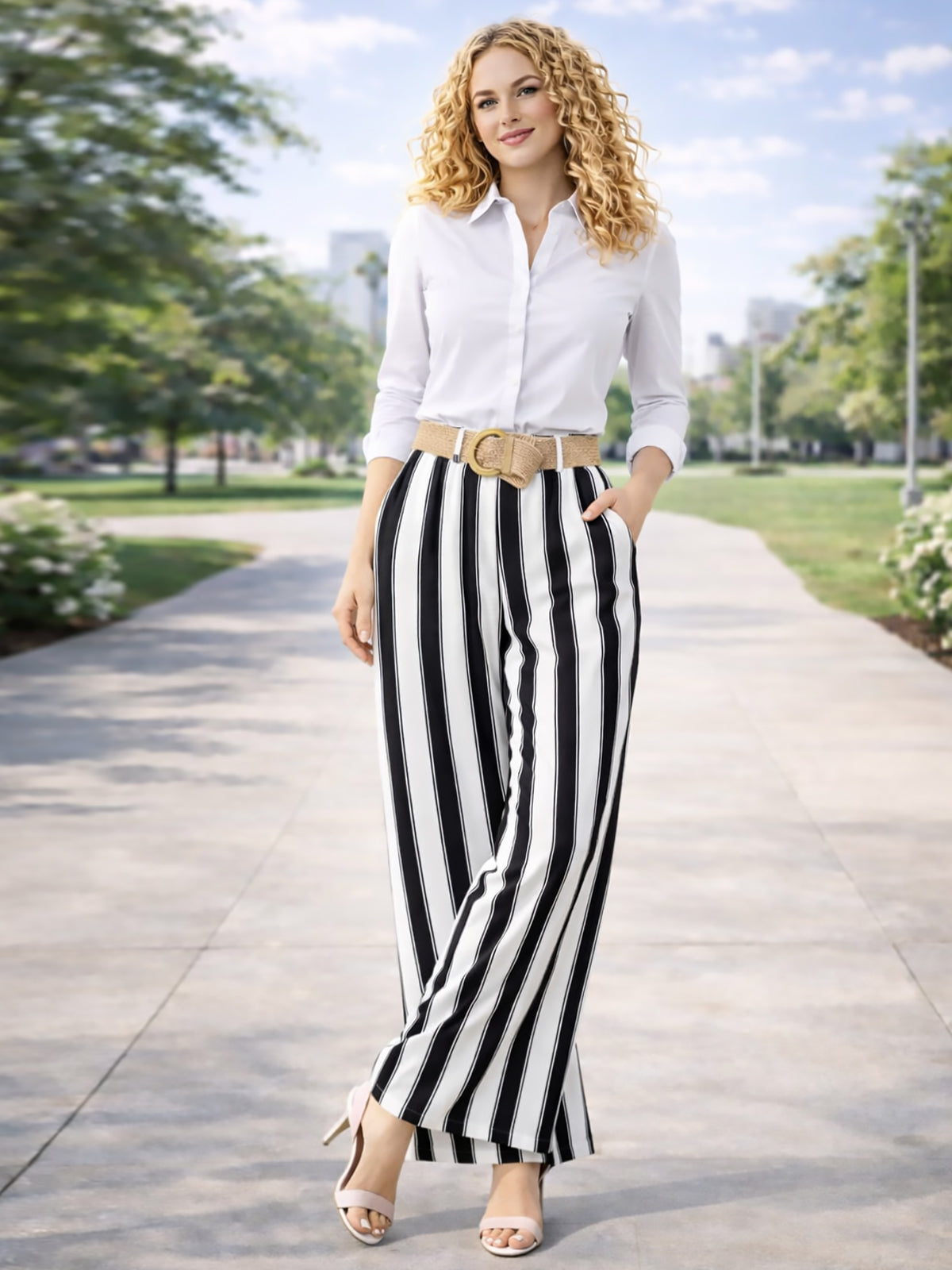 Italian Striped Print Palazzo Trousers With Belt - Black
