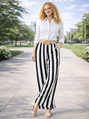 Italian Striped Print Palazzo Trousers With Belt - Black