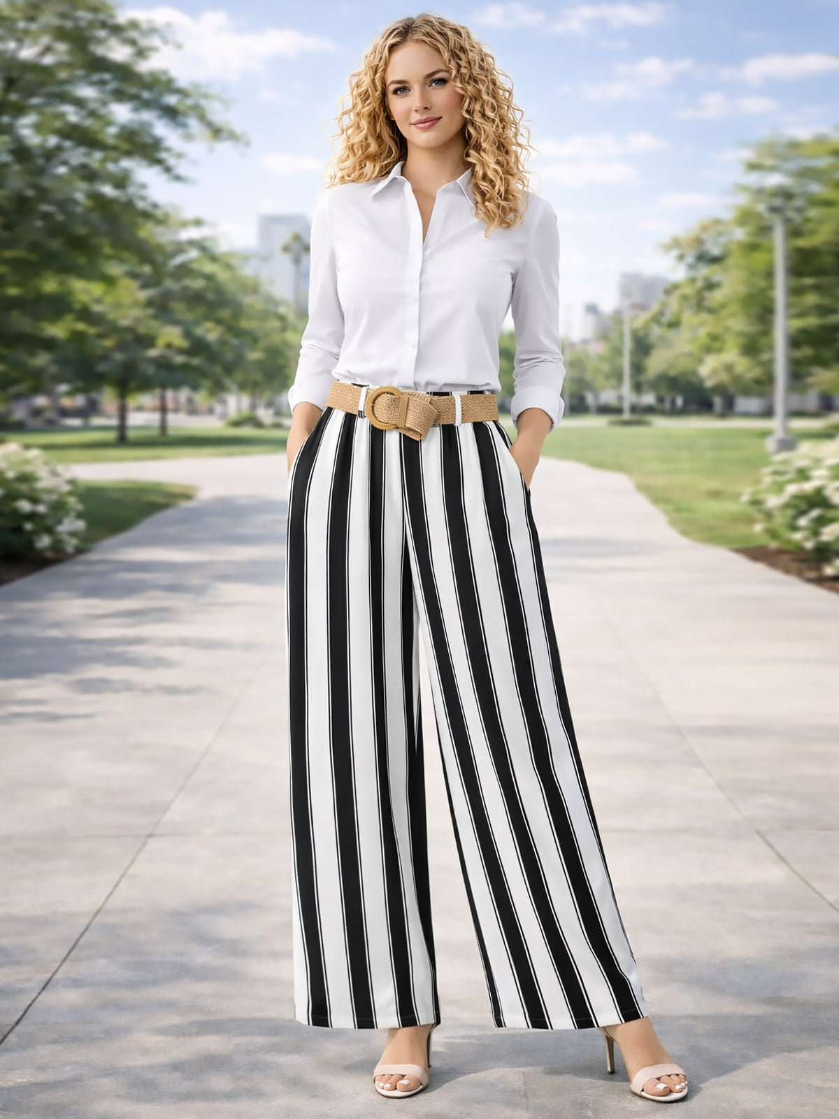 Italian Striped Print Palazzo Trousers With Belt - Black
