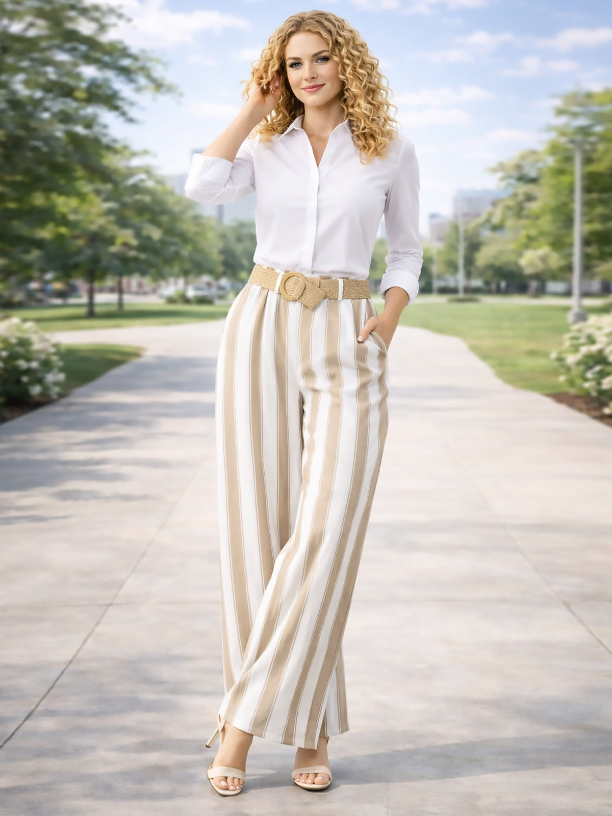 Italian Striped Print Palazzo Trousers With Belt - Mocha