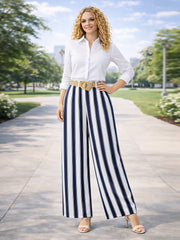 Italian Striped Print Palazzo Trousers With Belt - Navy