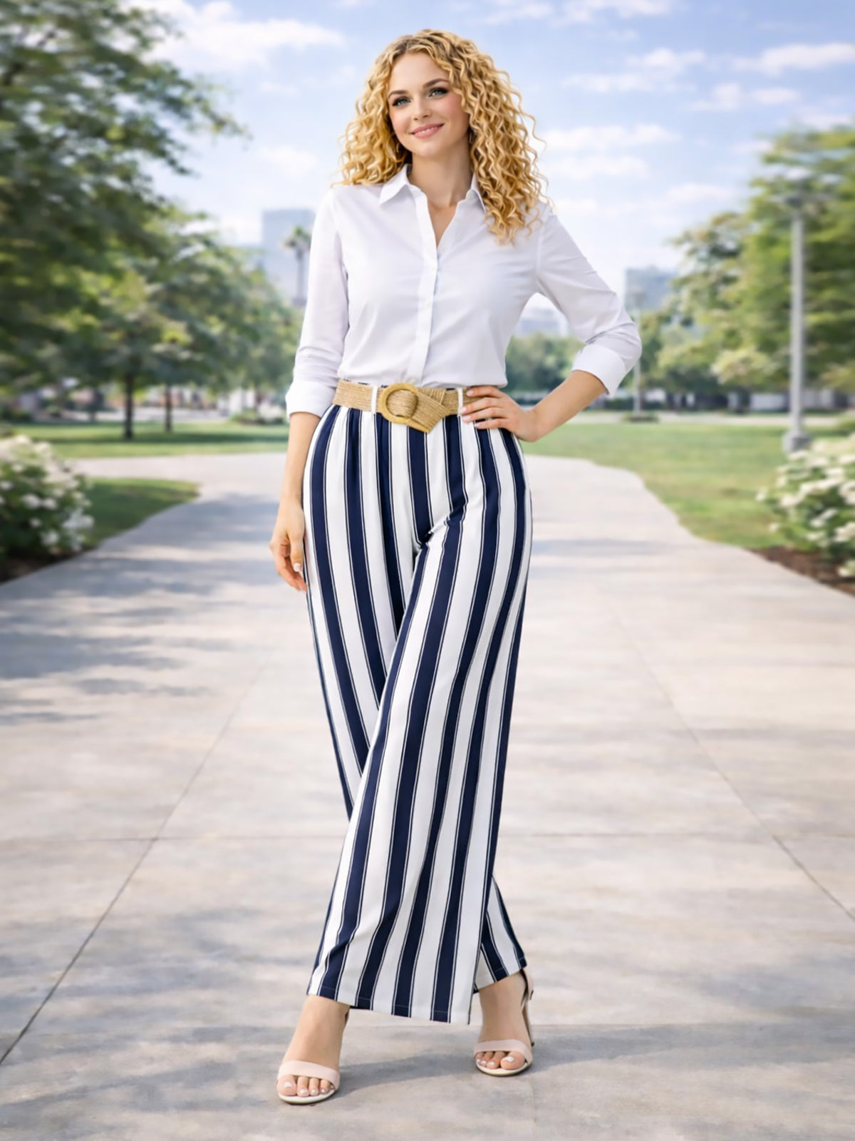 Italian Striped Print Palazzo Trousers With Belt - Navy