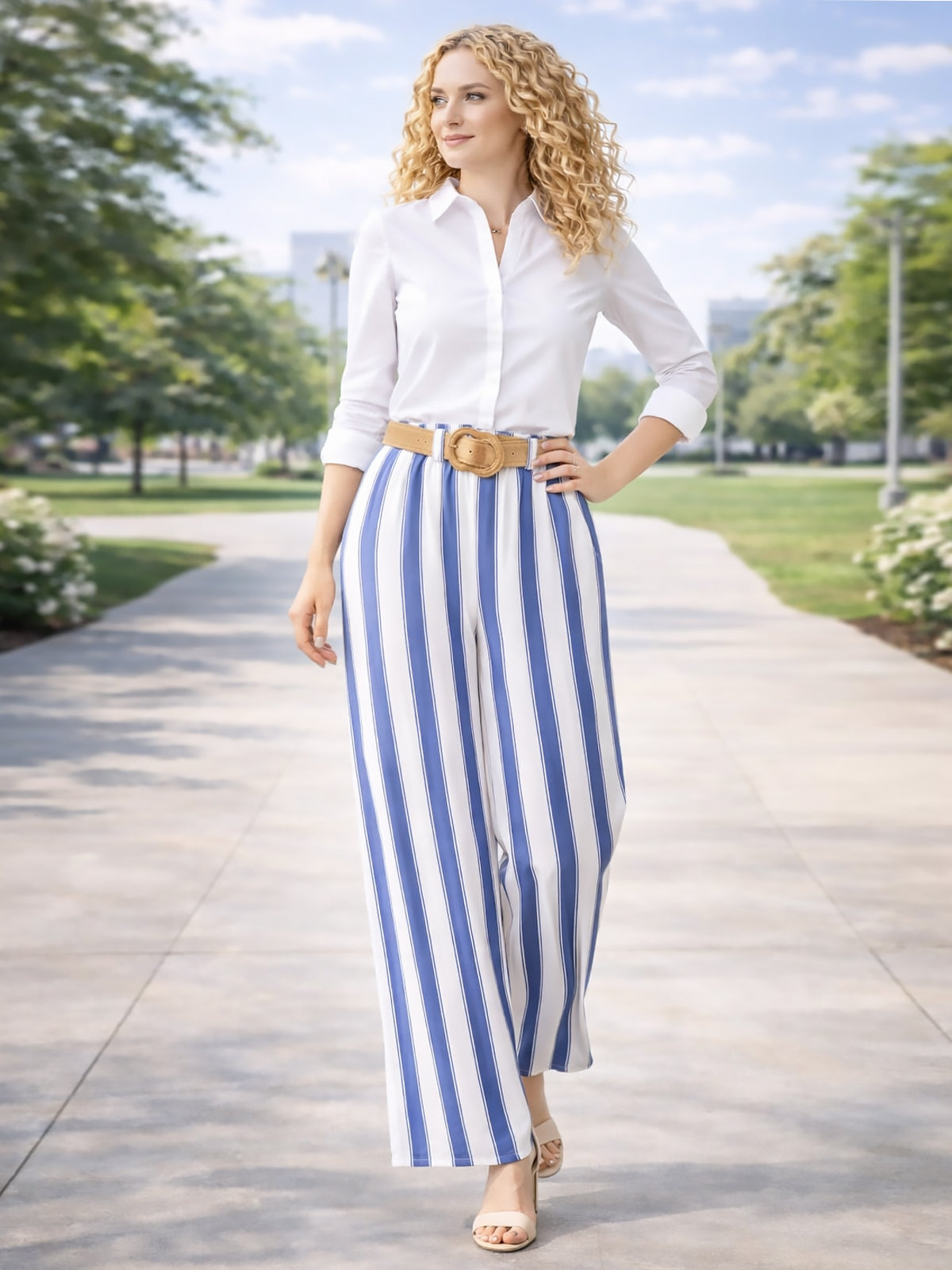 Italian Striped Print Palazzo Trousers With Belt - Royal Blue