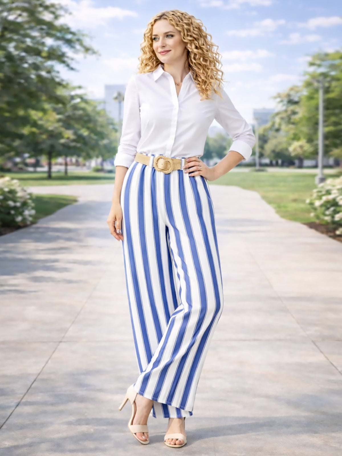 Italian Striped Print Palazzo Trousers With Belt - Royal Blue