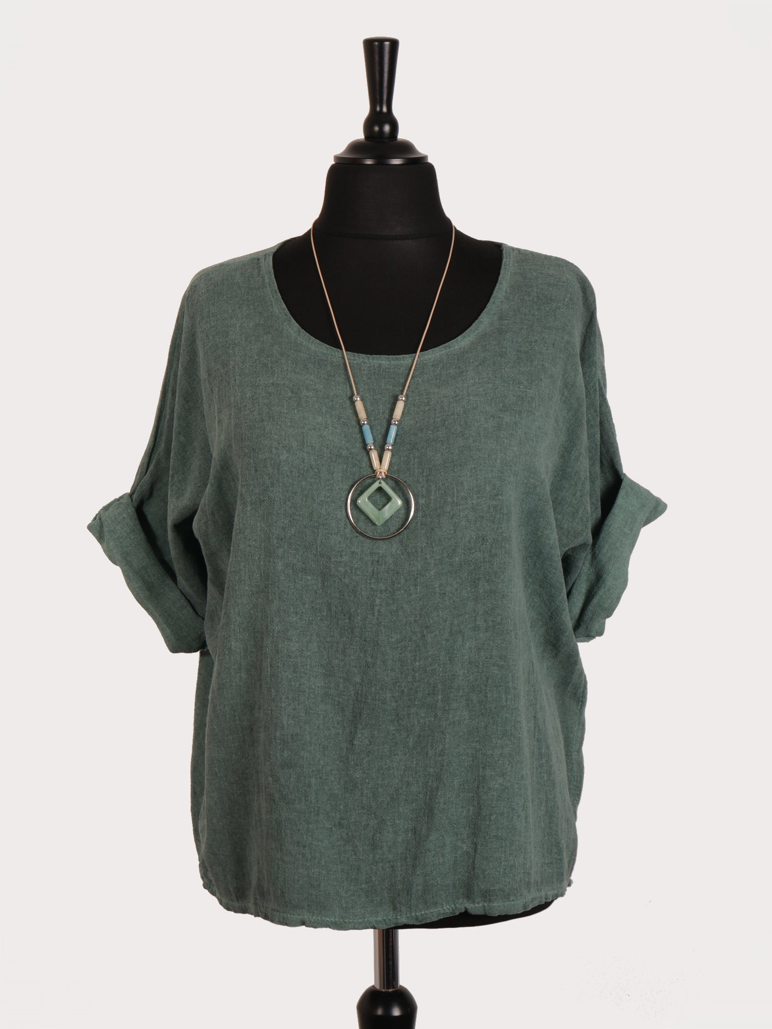 Italian Vintage Dye Linen Blend Top with Necklace - Hunter Green