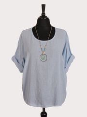 Italian Vintage Dye Linen Blend Top with Necklace - Ice Blue