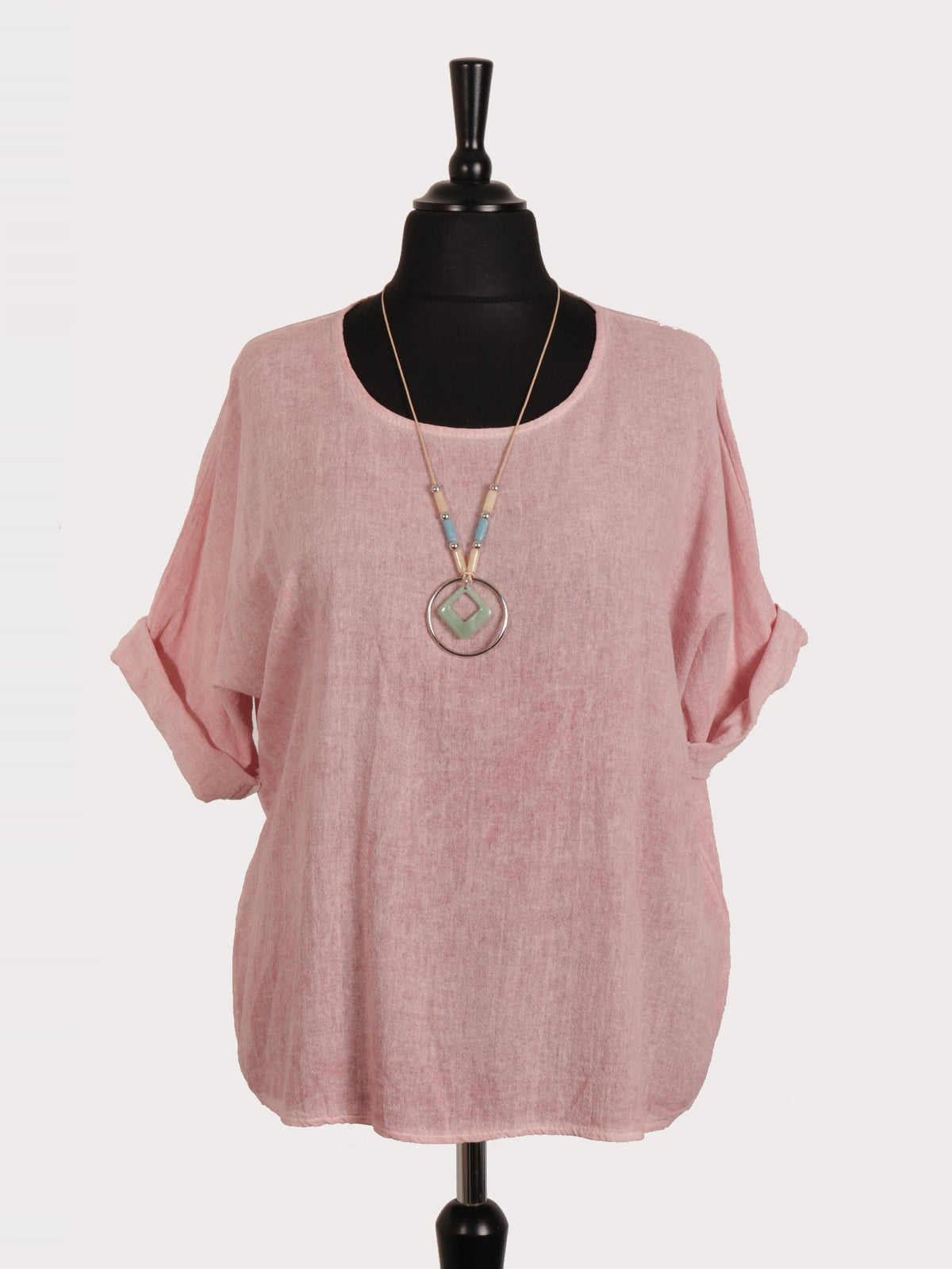 Italian Vintage Dye Linen Blend Top with Necklace - Baby Pink