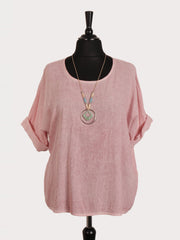 Italian Vintage Dye Linen Blend Top with Necklace - Baby Pink