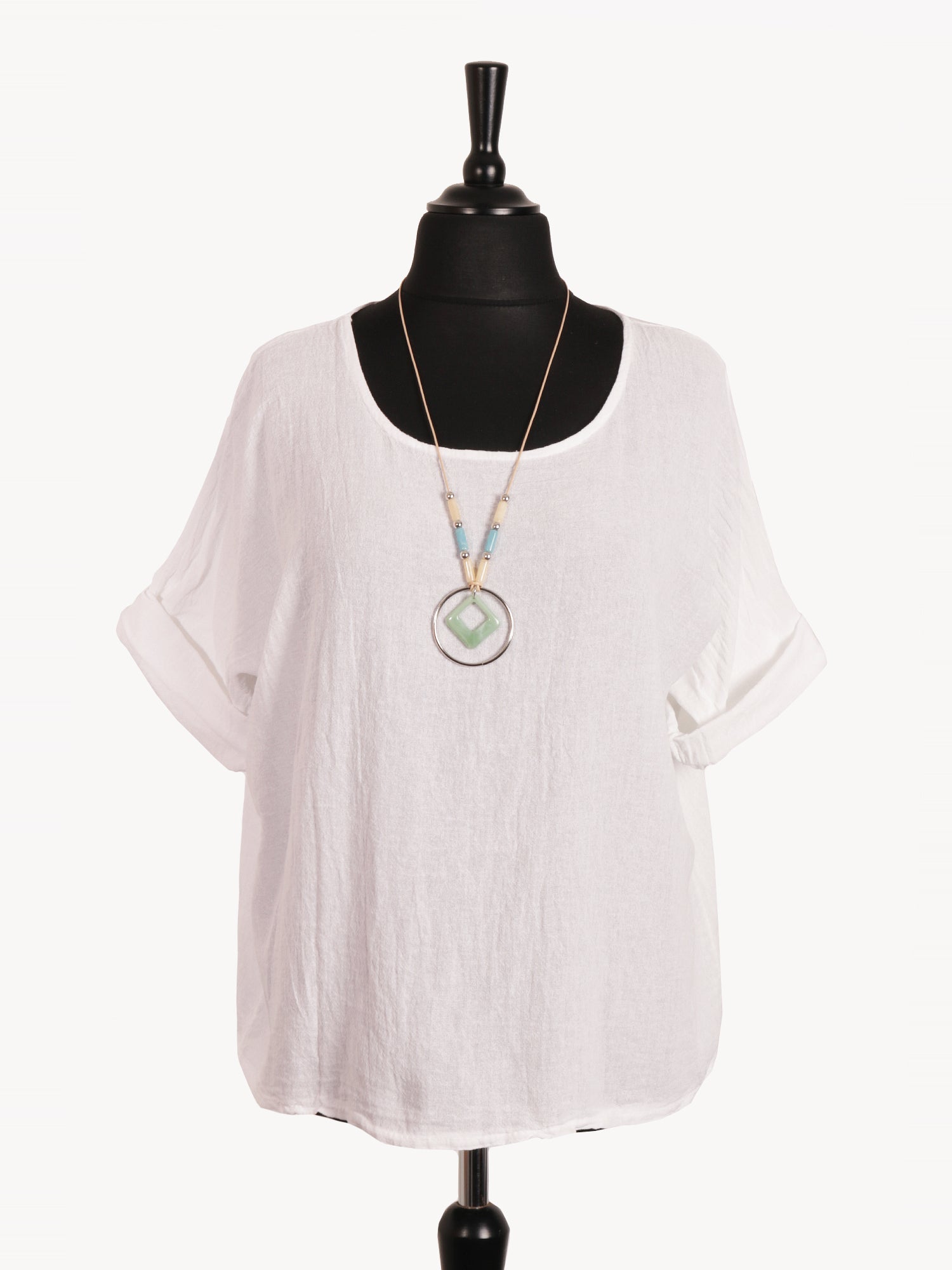 Italian Vintage Dye Linen Blend Top with Necklace - White