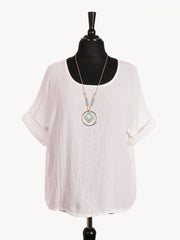 Italian Vintage Dye Linen Blend Top with Necklace - White
