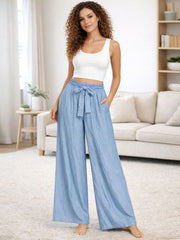 Italian Wide Leg Chambray Trousers With Tie Waist- Light Denim