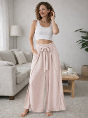 Italian Wrap Front & Split Hem Wide Leg Trousers With Tie Waist - Baby Pink