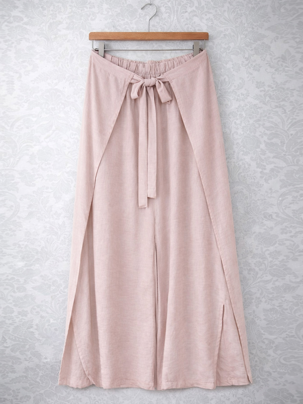Italian Wrap Front & Split Hem Wide Leg Trousers With Tie Waist - Baby Pink