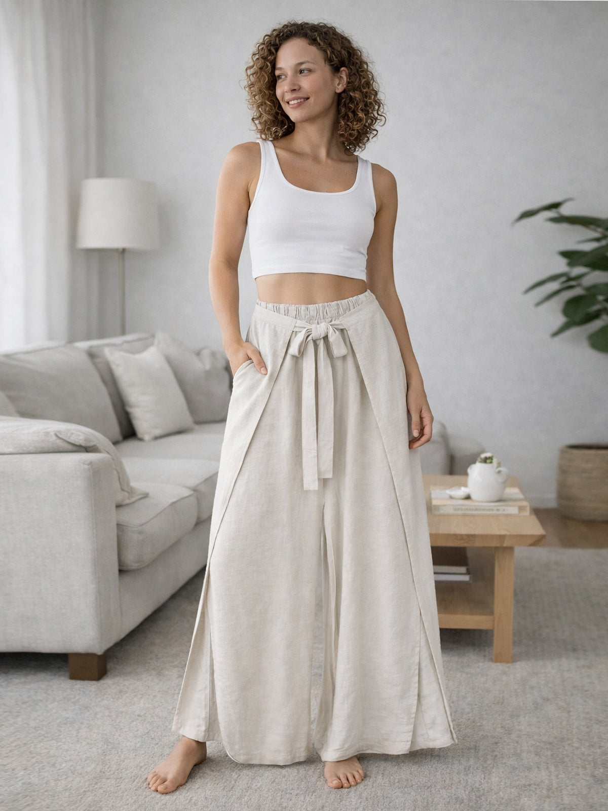 Italian Wrap Front & Split Hem Wide Leg Trousers With Tie Waist - Beige