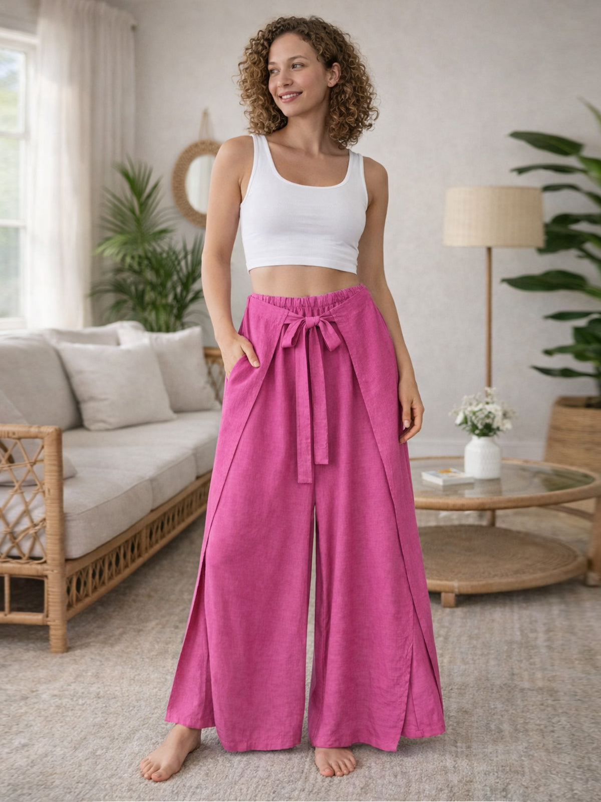 Italian Wrap Front & Split Hem Wide Leg Trousers With Tie Waist - Cerise
