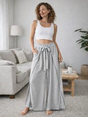 Italian Wrap Front & Split Hem Wide Leg Trousers With Tie Waist - Grey