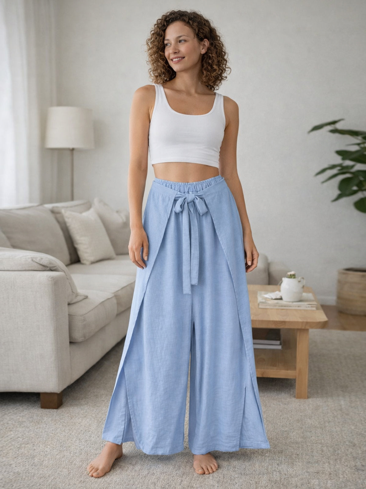 Italian Wrap Front & Split Hem Wide Leg Trousers With Tie Waist - Sky Blue