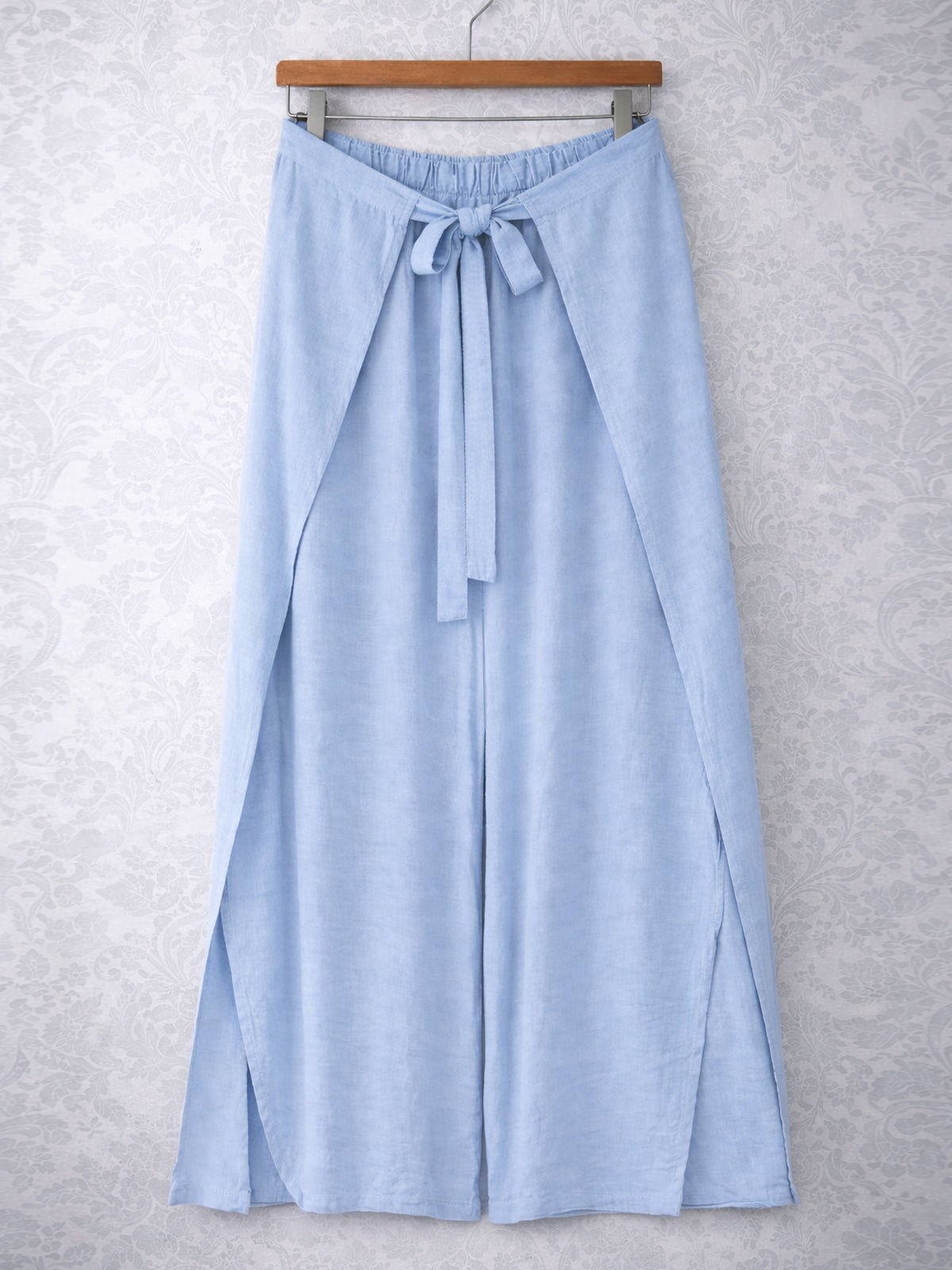 Italian Wrap Front & Split Hem Wide Leg Trousers With Tie Waist - Sky Blue