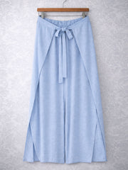 Italian Wrap Front & Split Hem Wide Leg Trousers With Tie Waist - Sky Blue