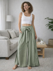 Italian Wrap Front & Split Hem Wide Leg Trousers With Tie Waist - Khaki