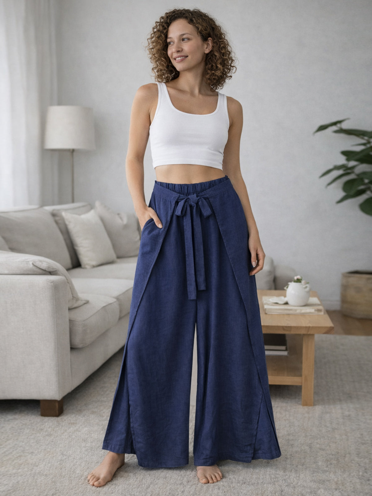 Italian Wrap Front & Split Hem Wide Leg Trousers With Tie Waist - Navy