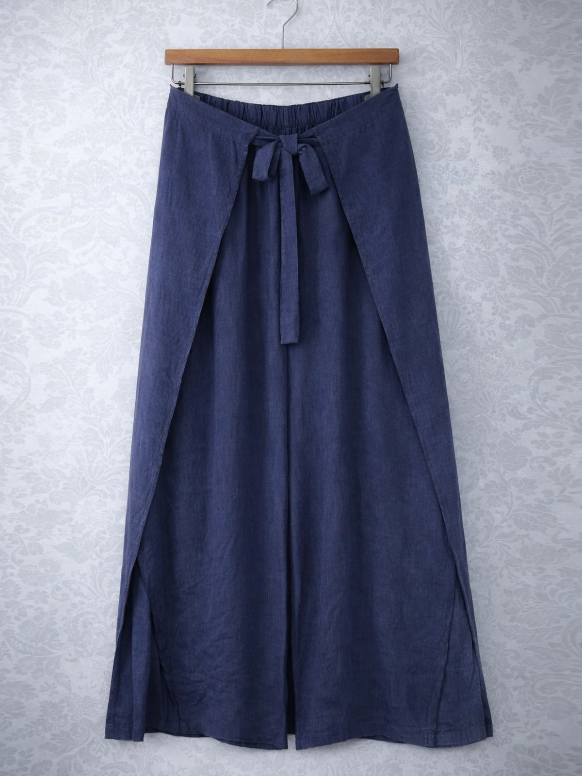 Italian Wrap Front & Split Hem Wide Leg Trousers With Tie Waist - Navy