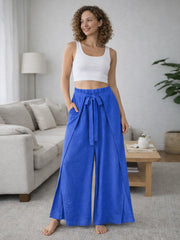 Italian Wrap Front & Split Hem Wide Leg Trousers With Tie Waist - Royal Blue