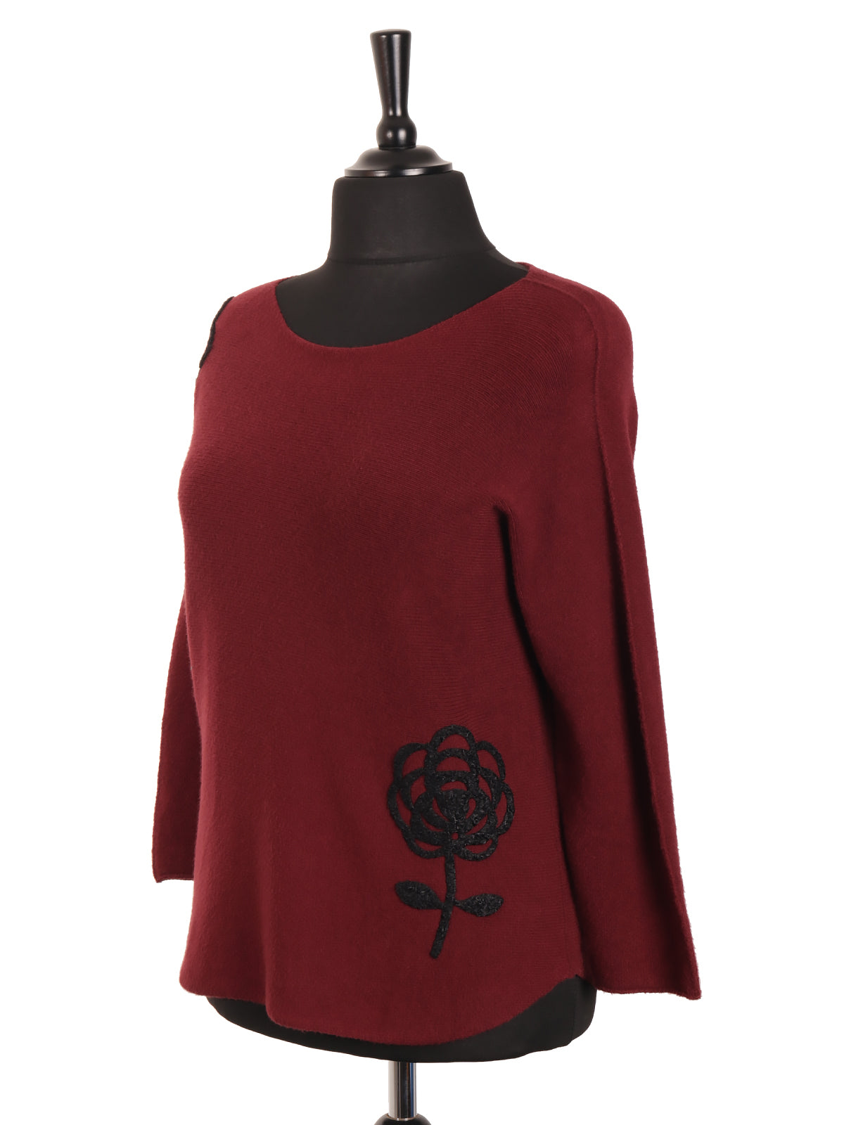 Italian Applique Flower Soft Knit Jumper - Wine