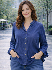 Italian Mandarin Collar Chambray Blouse - Denim