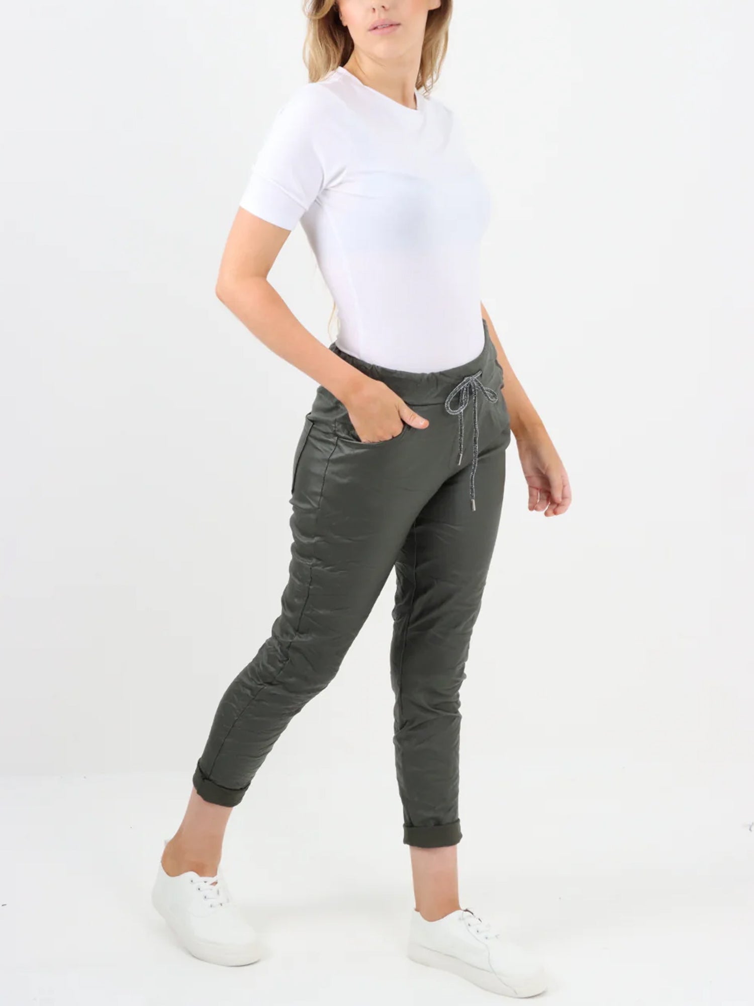 Italian Wet Look Stretch Magic Trousers - Army Green